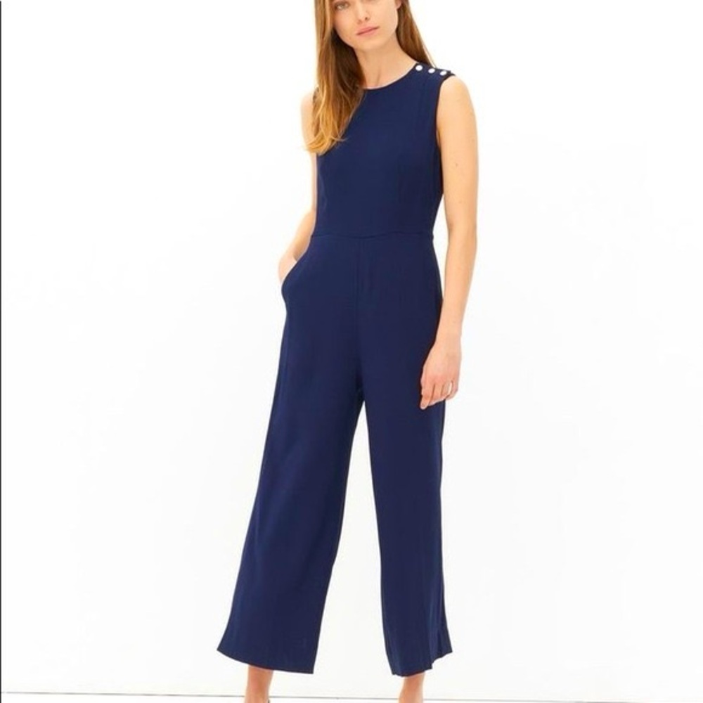 Sandro Blue Sleeveless Silky Cropped Wide Leg Jumpsuit Romper